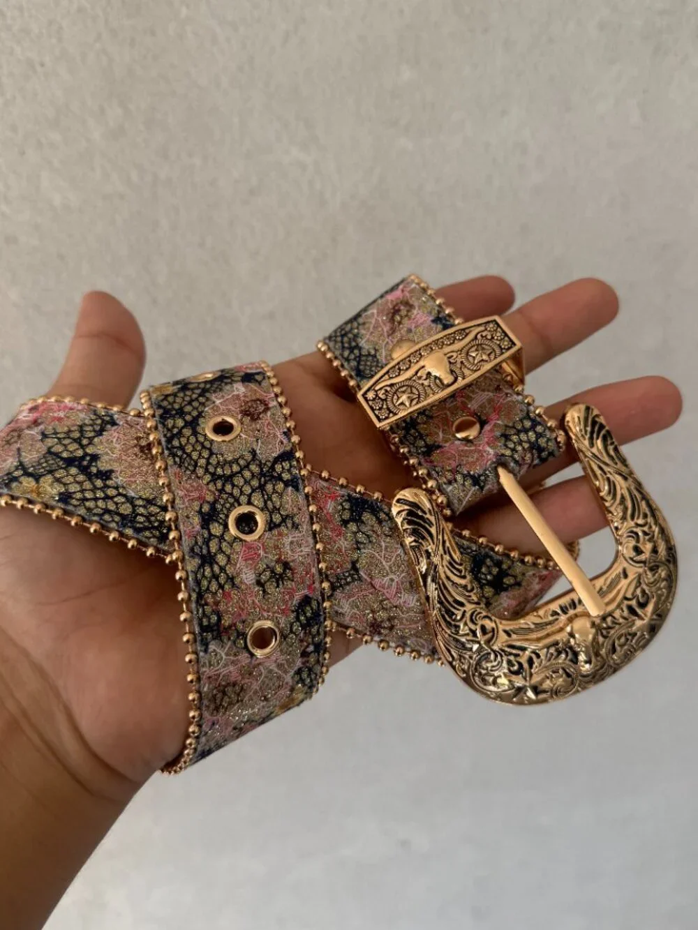 Pink Floral Jacquard Gold Western Buckle Belt